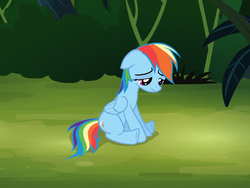 Size: 720x540 | Tagged: safe, screencap, rainbow dash, pony, daring don't, g4, cropped, female, floppy ears, frown, guilty, sad, sitting, solo