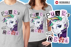 Size: 2048x1365 | Tagged: safe, alternate version, artist:partypievt, rarity, human, g4, it isn't the mane thing about you, advertisement, alternate clothes, alternate hairstyle, bust, clothes, design, female, punk, raripunk, redbubble, shirt, shirt design, solo