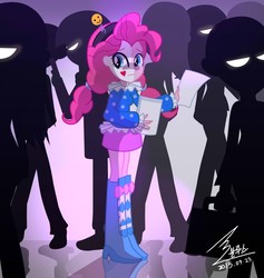 Size: 900x949 | Tagged: safe, artist:bluse, pinkie pie, equestria girls, g4, alternate hairstyle, boots, clothes, clown, female, high heel boots, makeup, paper, ruff (clothing), sad, sad clown, shoes, show accurate, silhouette, skirt