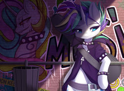 Size: 1900x1400 | Tagged: safe, artist:togeticisa, rarity, semi-anthro, g4, it isn't the mane thing about you, alley, alternate hairstyle, belt, bipedal, bracelet, clothes, collar, female, graffiti, guitar, jacket, jewelry, leaning back, mare, punk, raripunk, short hair, smiling, solo, trash can