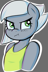 Size: 688x1031 | Tagged: safe, artist:funble, limestone pie, earth pony, anthro, unguligrade anthro, g4, bust, clothes, female, gray background, grumpy, limetsun pie, mare, nose wrinkle, scrunchy face, simple background, solo, tsundere