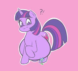 Size: 1555x1424 | Tagged: safe, artist:funble, twilight sparkle, pony, unicorn, g4, exclamation point, female, flower, huge belly, hyper, hyper pregnancy, mare, preglight sparkle, pregnant, question mark, raised hoof, simple background, unicorn twilight