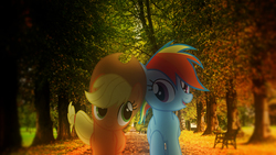 Size: 1920x1080 | Tagged: safe, artist:cloudbringerart, applejack, rainbow dash, pony, g4, backlighting, happy, irl, photo, ponies in real life, tree, wallpaper