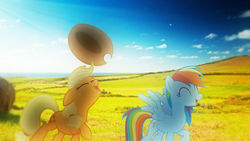 Size: 1920x1080 | Tagged: safe, artist:cloudbringerart, applejack, rainbow dash, earth pony, pegasus, pony, g4, backlighting, female, field, grass field, happy, hay bale, irl, mare, photo, ponies in real life, wallpaper