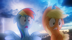 Size: 1920x1080 | Tagged: safe, artist:cloudbringerart, applejack, rainbow dash, pony, g4, backlighting, floppy ears, irl, lightning, photo, ponies in real life, rain, shocked, wallpaper