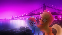 Size: 1920x1080 | Tagged: safe, artist:cloudbringerart, applejack, rainbow dash, pony, g4, backlighting, irl, photo, ponies in real life, wallpaper