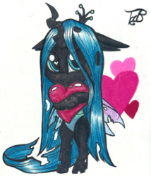 Size: 1500x1756 | Tagged: safe, artist:tillie-tmb, queen chrysalis, changeling, changeling queen, g4, bipedal, chibi, crown, cute, cutealis, female, heart, heart pillow, jewelry, pillow, regalia, solo, traditional art