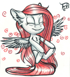 Size: 1550x1702 | Tagged: safe, artist:tillie-tmb, oc, oc only, oc:red, pegasus, pony, chibi, eyes closed, female, mare, solo, traditional art