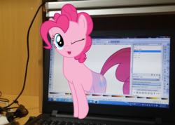 Size: 2983x2122 | Tagged: safe, artist:camo-pony, pinkie pie, g4, :3, computer, fourth wall, fourth wall destruction, high res, irl, laptop computer, microsoft windows, photo, ponies in real life, solo, windows 7