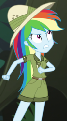 Size: 485x875 | Tagged: safe, screencap, rainbow dash, equestria girls, equestria girls specials, g4, my little pony equestria girls: dance magic, clothes, cropped, female, hat, imagine spot, jungle, pith helmet, rainbow dash always dresses in style, scenery, shirt, shorts, solo, tomboy