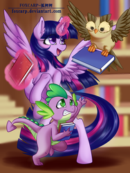 Size: 3000x4000 | Tagged: safe, artist:foxcarp, owlowiscious, spike, twilight sparkle, alicorn, dragon, owl, pony, g4, book, bookshelf, female, flying, glowing horn, horn, magic, mare, open mouth, rearing, smiling, twilight sparkle (alicorn)