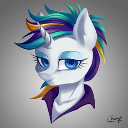 Size: 4000x4000 | Tagged: safe, artist:foxcarp, rarity, pony, unicorn, g4, it isn't the mane thing about you, absurd resolution, alternate hairstyle, eyeshadow, female, gradient background, looking at you, makeup, mare, punk, raripunk, short hair, signature, smiling, solo