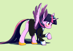 Size: 2894x2039 | Tagged: safe, artist:unousaya, twilight sparkle, alicorn, pony, g4, blushing, clothes, dress, embarrassed, embarrassed underwear exposure, female, high res, mare, panties, raised hoof, shoes, simple background, solo, spread wings, twilight sparkle (alicorn), underwear, white underwear, wings