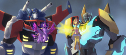 Size: 1600x700 | Tagged: safe, artist:grissaecrim, sunset shimmer, twilight sparkle, alicorn, equestria girls, g4, awesome, bumblebee (transformers), commission, crossover, daydream shimmer, looking at you, optimus prime, rainbow power, serious, serious face, transformers, transformers animated, transformers robots in disguise (2015), twilight sparkle (alicorn)