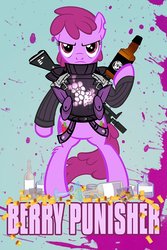 Size: 600x900 | Tagged: safe, alternate version, artist:pixelkitties, berry punch, berryshine, earth pony, pony, g4, bipedal, bottle, clothes, colored background, drink, female, gun, mare, movie poster, parody, punisher, rifle, solo, the punisher, weapon