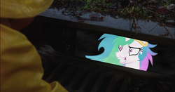 Size: 1200x630 | Tagged: safe, artist:magister39, edit, princess celestia, pony, g4, 1000 hours in gimp, it, parody, pennywise, storm drain, wat