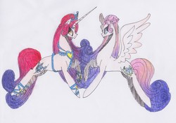 Size: 3140x2212 | Tagged: safe, artist:draw1709, idw, princess amore, princess skyla, pony, g4, alternate design, fusion fuel, high res, older, species swap, traditional art