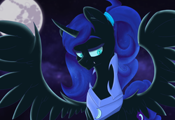 Size: 6650x4550 | Tagged: safe, artist:lula-moonarts, nightmare moon, alicorn, pony, g4, absurd resolution, alternate hairstyle, fangs, female, full moon, mare, moon, night, smiling, solo, spread wings, wings
