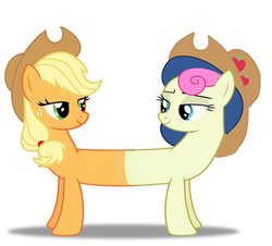 Size: 940x850 | Tagged: safe, applejack, bon bon, sweetie drops, earth pony, pony, g4, applebon, bedroom eyes, conjoined, cowboy hat, female, fusion, hat, lesbian, lidded eyes, looking at each other, love, lyra who?, multiple heads, pushmi-pullyu, shipping, simple background, smiling, together forever, two heads, white background