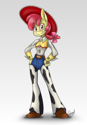 Size: 1080x1547 | Tagged: safe, artist:quynzel, apple bloom, earth pony, anthro, g4, adorabloom, belt, boots, bow, braid, chaps, clothes, costume, cowboy boots, cowboy hat, cowgirl, cowgirl outfit, crossover, cute, disney, female, hat, jeans, jessie (toy story), looking at you, pants, pixar, shoes, smiling, solo, stetson, toy story, toy story 2