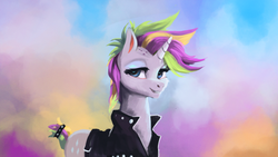 Size: 1920x1080 | Tagged: dead source, safe, artist:hierozaki, rarity, pony, unicorn, g4, it isn't the mane thing about you, abstract background, alternate hairstyle, clothes, female, looking at you, punk, raripunk, smiling, solo