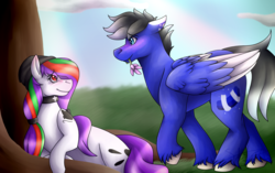 Size: 2700x1700 | Tagged: safe, artist:sketchthebluepegasus, oc, oc only, oc:copra, pegasus, pony, beanie, female, flower, hat, male, mare, mouth hold, stallion