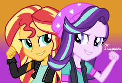 Size: 1000x680 | Tagged: safe, artist:iamsheila, starlight glimmer, sunset shimmer, equestria girls, g4, base used, beanie, clothes, counterparts, duo, fist pump, hat, simple background, smiling, twilight's counterparts