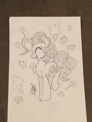 Size: 720x960 | Tagged: safe, artist:ivory crescent, pinkie pie, g4, cake, candy, cookie, cotton candy, cupcake, female, food, lollipop, monochrome, sketch, smiling, solo, traditional art