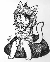 Size: 1640x2048 | Tagged: safe, artist:ivory crescent, twilight sparkle, oc, g4, cat ears, clothes, cushion, furry, glowing eyes, grayscale, monochrome, plushie, simple background, smiling, solo, sweater, traditional art, white background