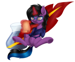 Size: 1497x1239 | Tagged: safe, artist:kruszynka25, oc, oc only, pony, unicorn, clothes, cutie mark background, female, glasses, glowing horn, horn, magic, mare, quill, scroll, simple background, sweater, telekinesis, transparent background, writing