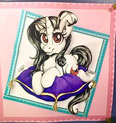 Size: 905x959 | Tagged: safe, artist:ivory crescent, oc, oc only, oc:ivory crescent, pony, unicorn, chest fluff, cushion, ear fluff, lying down, solo, traditional art