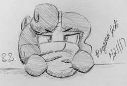 Size: 3199x2181 | Tagged: safe, artist:floofyfoxcomics, oc, oc only, oc:autumn science, pony, unicorn, bread, female, food, high res, mare, monochrome, sketch, solo, traditional art