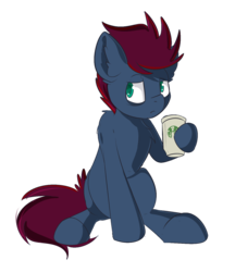 Size: 1167x1350 | Tagged: safe, artist:beardie, oc, oc only, oc:punch sideiron, pony, bags under eyes, coffee, cup, hoof hold, male, patreon, patreon reward, sad, simple background, sitting, solo, stallion, transparent background