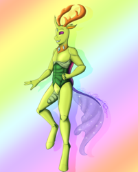 Size: 1024x1276 | Tagged: safe, artist:blackblood-queen, thorax, changedling, changeling, anthro, unguligrade anthro, g4, barbie doll anatomy, featureless crotch, grin, king thorax, looking at you, male, smiling, solo