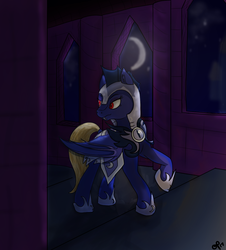 Size: 1393x1540 | Tagged: safe, artist:overlord pony, oc, oc only, oc:butter cream, bat pony, pony, bat pony oc, castle, commission, dark, female, hoof shoes, interior, mare, night, night guard, raised hoof, solo, ych result