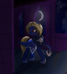Size: 1393x1540 | Tagged: safe, alternate version, artist:overlord pony, oc, oc only, oc:butter cream, bat pony, pony, armor, bat pony oc, castle, commission, female, hoof shoes, interior, mare, moon, night, night guard, raised hoof, solo, ych result