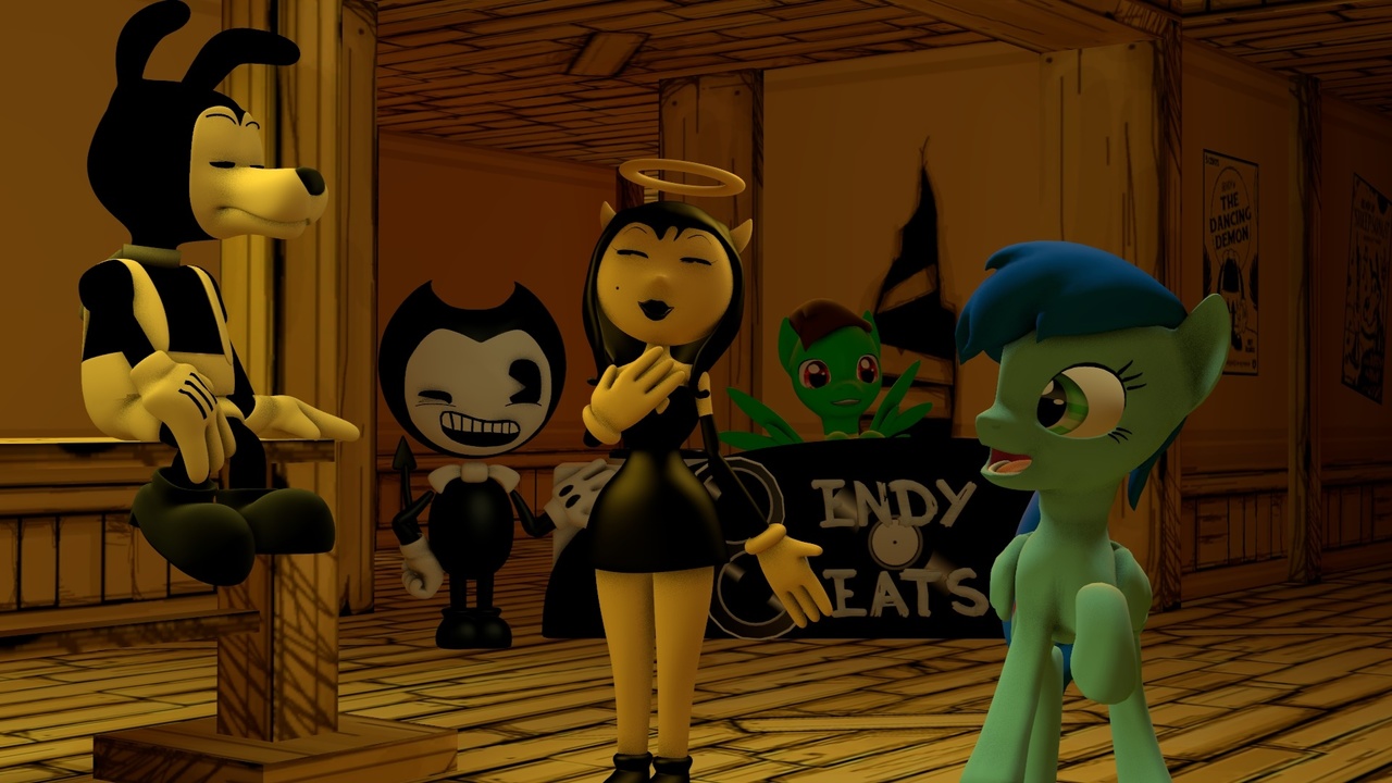 1541218 - safe, artist:aniloonys, oc, 3d, alice angel, bendy, bendy and the  ink machine, boris the wolf, one eye closed, singing, source filmmaker,  wink - Derpibooru