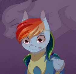 Size: 2362x2300 | Tagged: safe, artist:chiweee, rainbow dash, soarin', pony, g4, clothes, commission, eyes closed, high res, thousand yard stare, uniform, wonderbolts uniform, worried