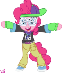 Size: 1600x1862 | Tagged: safe, artist:linacloud23, pinkie pie, earth pony, pony, a queen of clubs, dance magic, equestria girls, equestria girls series, spoiler:eqg specials, bipedal, clothes, equestria girls ponified, female, mare, mc pinkie, open mouth, pants, ponified, rapper pie, shoes, shutter shades, signature, simple background, solo, sunglasses, transparent background, vector