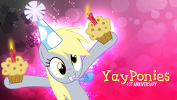 Size: 1920x1080 | Tagged: safe, artist:floppychiptunes, derpy hooves, pony, g4, anniversary, candle, female, food, hat, muffin, party hat, party horn, solo, wallpaper, yayponies