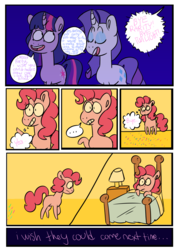 Size: 1024x1432 | Tagged: safe, artist:brownmota, pinkie pie, rarity, twilight sparkle, pony, comic:everyone laugh, g4, bed, comic, worried