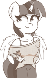 Size: 1483x2469 | Tagged: safe, artist:pastelhorses, twilight sparkle, alicorn, anthro, g4, clothes, collarbone, female, hand on hip, monochrome, off shoulder, solo, twilight sparkle (alicorn)