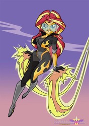 Size: 600x847 | Tagged: safe, artist:art-2u, sunset shimmer, equestria girls, g4, bedroom eyes, equestrian city, female, fiery shimmer, fire, grin, lidded eyes, sexy, smiling, smirk, solo, superhero, watermark, wide hips
