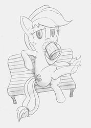 Size: 1041x1462 | Tagged: safe, artist:spackle, applejack, earth pony, pony, g4, bench, cider, crossed legs, drinking, female, looking at you, mare, missing accessory, monochrome, simple background, sitting, solo, traditional art, underhoof