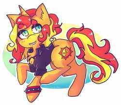 Size: 885x768 | Tagged: safe, artist:jackytheripperart, sunset shimmer, pony, unicorn, g4, clothes, female, mare, simple background, smiling, solo