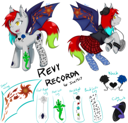 Size: 5180x5000 | Tagged: safe, artist:vnagato, oc, oc only, oc:revy recorda, bat pony, pony, absurd resolution, clothes, cute, digital, digital art, fangs, female, headphones, jacket, leather jacket, mare, plaid, reference sheet, request, simple background, skirt, skirt lift, solo, tattoo, white background