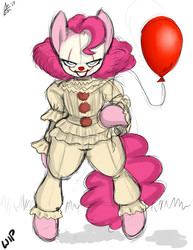 Size: 1700x2200 | Tagged: safe, artist:aer0 zer0, pinkie pie, g4, balloon, clothes, clown, cosplay, costume, crossover, female, it, looking at you, pennywise, pinkiewise, simple background, solo, white background, wip