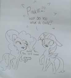 Size: 1214x1321 | Tagged: safe, artist:tjpones, pinkie pie, twilight sparkle, alicorn, earth pony, pony, g4, black and white, breaking the fourth wall, dialogue, duct tape, duo, ear fluff, floppy ears, grayscale, gun, lineart, monochrome, non canon, pun, shocked, traditional art, twilight sparkle (alicorn), weapon