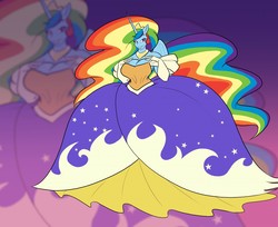 Size: 1280x1047 | Tagged: safe, artist:toughset, princess celestia, rainbow dash, alicorn, anthro, g4, alicornified, breasts, busty princess celestia, busty rainbow dash, cleavage, clothes, commission, crown, dress, ethereal mane, evening gloves, female, fusion, gloves, gown, jewelry, long gloves, long mane, race swap, rainbow dash always dresses in style, rainbowcorn, regalia, skirt, solo, wavy mane, wavy tail, wide hips, zoom layer