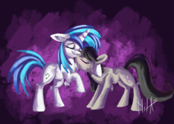 Size: 1240x885 | Tagged: safe, artist:raramila, dj pon-3, octavia melody, vinyl scratch, earth pony, pony, unicorn, g4, 30 minute art challenge, blushing, eyes closed, female, lesbian, mare, ship:scratchtavia, shipping, smiling